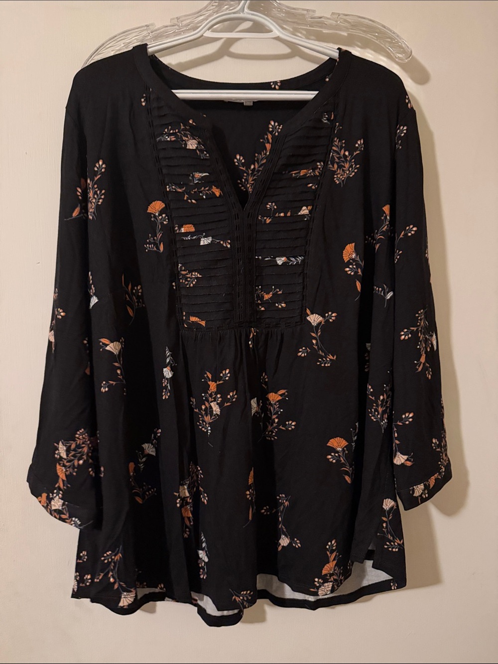 Daniel Rainn Black Floral Pintuck Tunic with Orange and Cream Accents